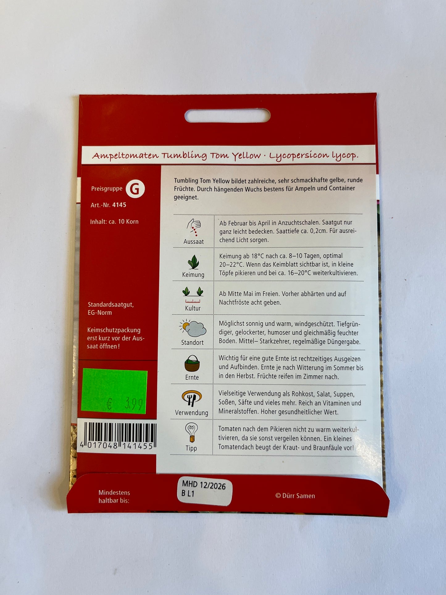 Zahlreiche, sehr schmackhafte, gelbe Früchte. Durchhängenden Wuchs für Ampeln und Töpfe geeignet. Hochbeet/ Balkon geeignet.